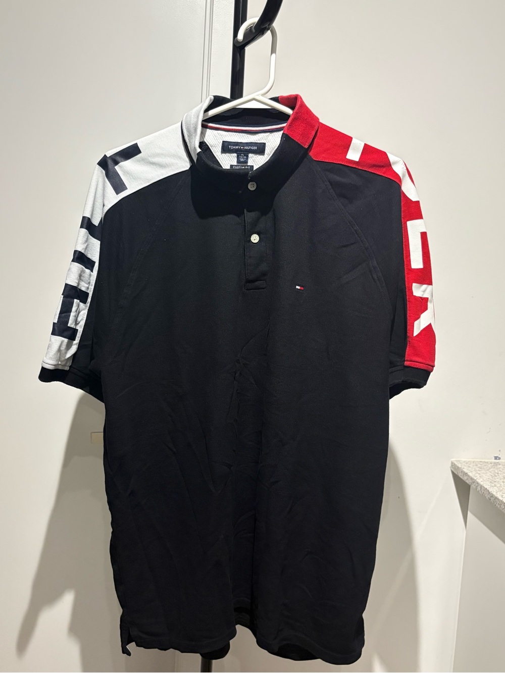 Tommy Hilfiger Black Polo with Red & White Shoulder Accents
